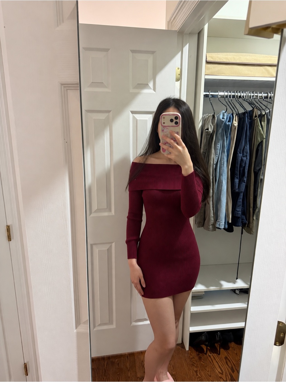 Off-Shoulder Ribbed Bodycon Dress in Burgundy